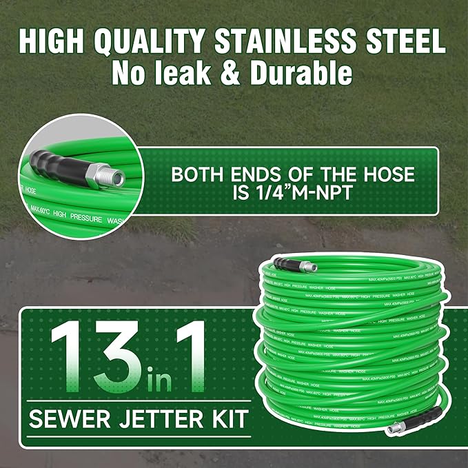 ClearRush Sewer Jetter Kit for Pressure Washer 50FT – 5800PSI High-Pressure Drain Cleaner, M22 & 1/4'' NPT Universal Fit, Unclog Gutters & Sewer Lines, Durable Jetter Hose for Homeowners & DIYers