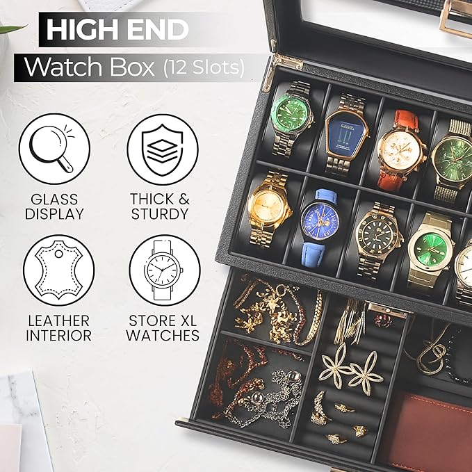 12-Slot Watch Box in PU Leather with Valet Drawer, 2-Tier Luxury Watch Case Display Organizer for Men Women, Sunglass Holder & Mens Jewelry Box With Glass Top, Ideal Gift for Watch Storage (Carbon)