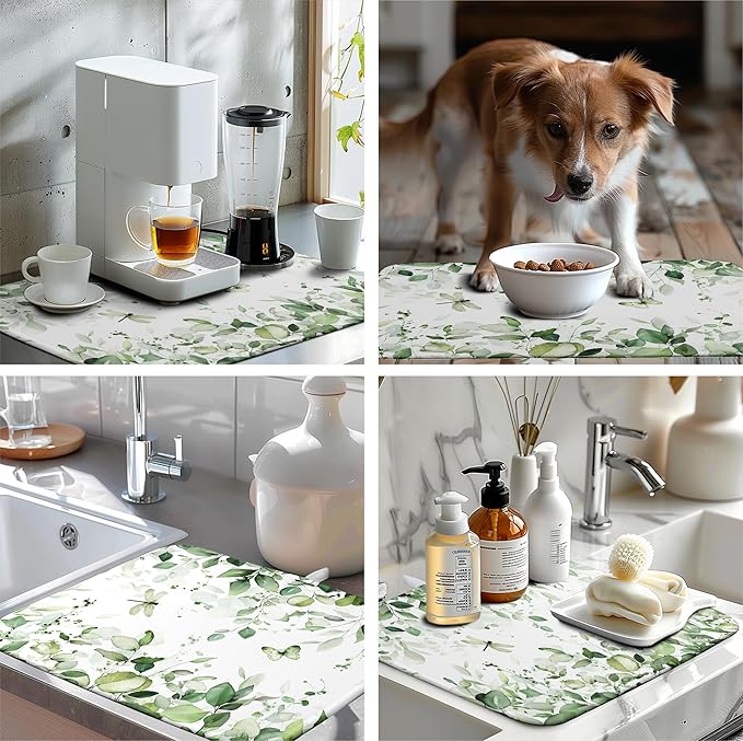 Sage Green Leaf Dish Drying Mat for Kitchen Counter Spring Eucalyptus Leaves Drying Mats Summer Floral Microfiber Absorbent Dishes Pad Reversible Washable Dish Drainer Rack Mat Large 18x24 Inch