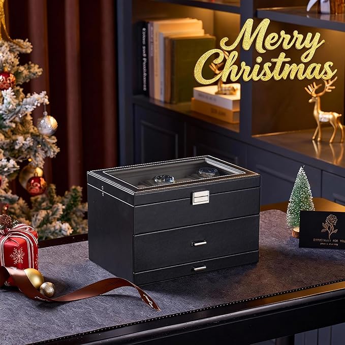 ProCase 20 Slot Watch Box for Men, 3-Layer Watch Display Case with Glass Lid, Watch Holder with Drawer, Jewelry Storage Organizer for Watches Straps Rings -Black