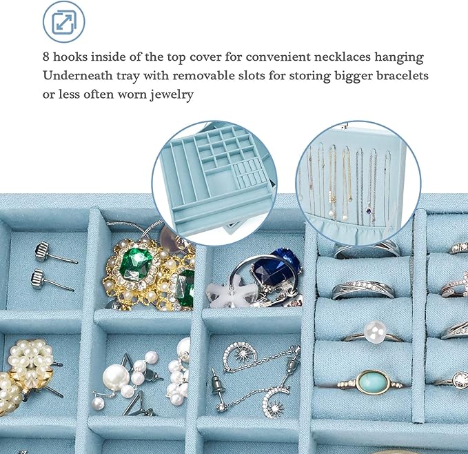 ProCase Velvet Jewelry Box Organizer for Women, 2 Layer Jewelry Display Storage Holder Case for Necklace Earrings Bracelets Rings -Blue