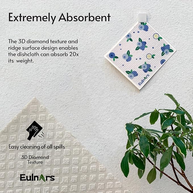 Eulnars Swedish Dishcloths for Kitchen, 8 Pack Reusable Paper Towels with Clips, Non-Scratch Swedish Dish Towels, Super Absorbent Cellulose Sponge Cloths, Eco Friendly Gifts