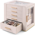 Homeanda Jewelry Box for Women with Glass Lid, 5 Drawers Jewelry Organizer and Storage for Necklaces, Rings, Earrings, Bracelets, Gift for Girls and Teens,PU Leather (Beige)