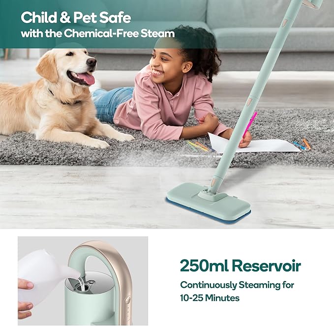 Newbealer Steam Mop & Detachable Handheld Cleaner, 250ml 1200W Powerful Floor Steamer, 3 Adjustable Levels for Carpet Laminate Hardwood Grout, Carpet Glider, 11 Multi-purpose Accessories & 2 Pads