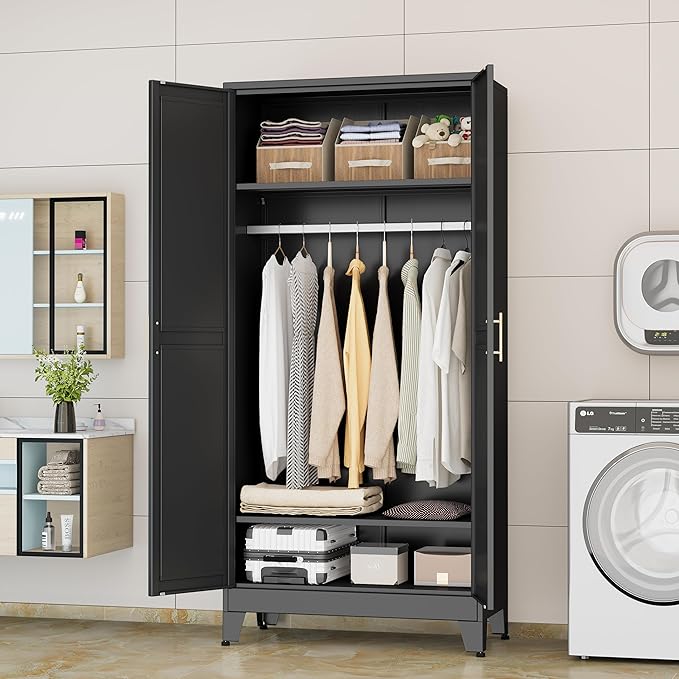 71 "Metal Armoire Wardrobe Closet, Steel Clothing Storage Cabinet with Adjustable Shelves and Hanging Rod, Household Steel Wardrobe Storage Cabinet with Adjustable Standing feet（Black）