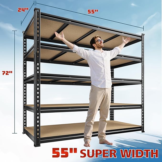 DurayLoly 55" W Storage Shelves, 2550LBS Garage Shelving, 5-Tier Metal Shelving Unit, Adjustable Heavy Duty Shelving for Garage, Warehouse, Pantry, Kitchen, 55" W × 24" D × 72" H, Black