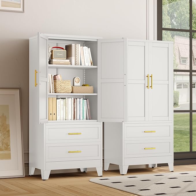 61" H Metal Pantry Storage Cabinet,Office File Cabinets with 2 Drawers and Shelves, Kitchen Cupboard Storage Cabinet for Bedroom and Dinning Room（White）
