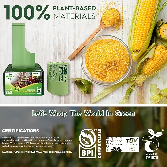 10-13 Gallon Compostable Trash Bags with Handles Tie 30 Bags Biodegradable Garbage Bags Food Scrap Green Waste Bags Thick 0.87 Mil 49.21 Liter ASTM D6400, US BPI and OK Compost Home Certified