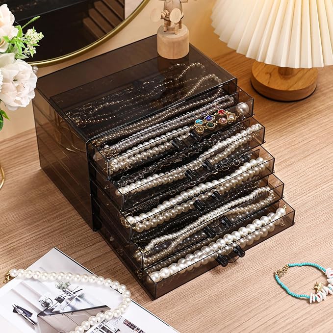 Necklace Organizer Box with 5 Trays, Dustproof Storage Holder Display Case, Tray Drawer for Pendant Chains, Suitable for Women and Girls (Black)