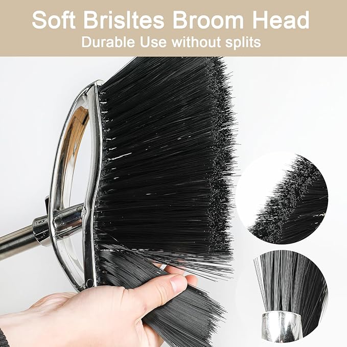 Indoor Broom and Dustpan Comb Set,Heavy Duty Stainless Steel Metal Dust Pan with Long Handle Sweeping Soft Bristles Broom for Floor Home Lobby Office