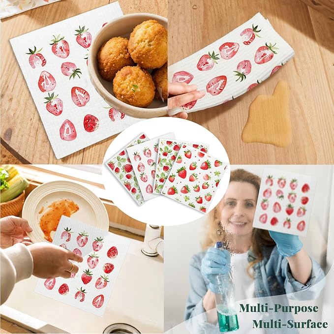 LARTSFRO Strawberries Swedish Dishcloths for Kitchen, Pink Swedish Dish Cloths for Friut, Papaya Reusable Paper Towels, 4 Pack Cleaning Cloth for Kitchen, Reusable Paper Towels Washable