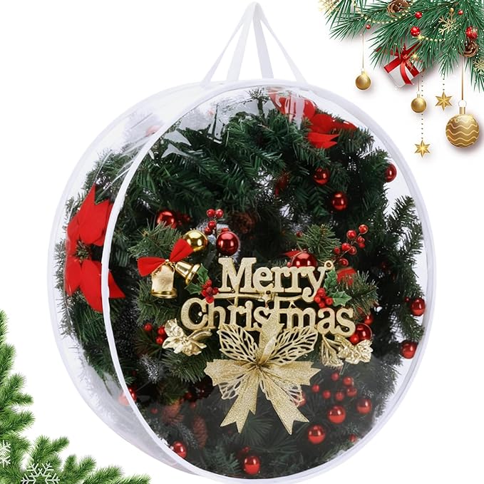Shappy 1 Pcs 36 Inch Christmas Wreath Storage Container Clear Wreath Storage Bags PVC Waterproof Garland Bags with Clear Window Dual Zippers and Handles for Xmas Holiday Artificial Garland (White)