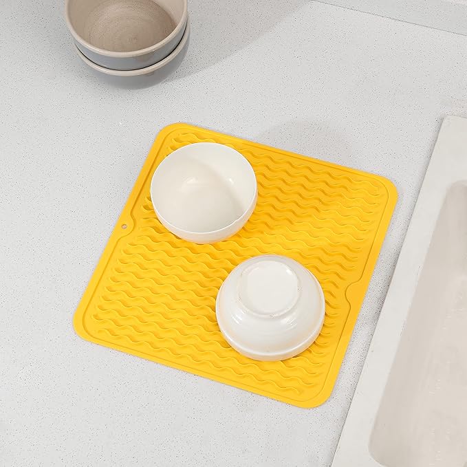 MicoYang Silicone Dish Drying Mat for Multiple Usage,Easy clean,Eco-friendly,Heat-resistant Silicone Mat for Kitchen Counter or Sink,Refrigerator or Drawer liner Yellow M 12 inches x 12 inches