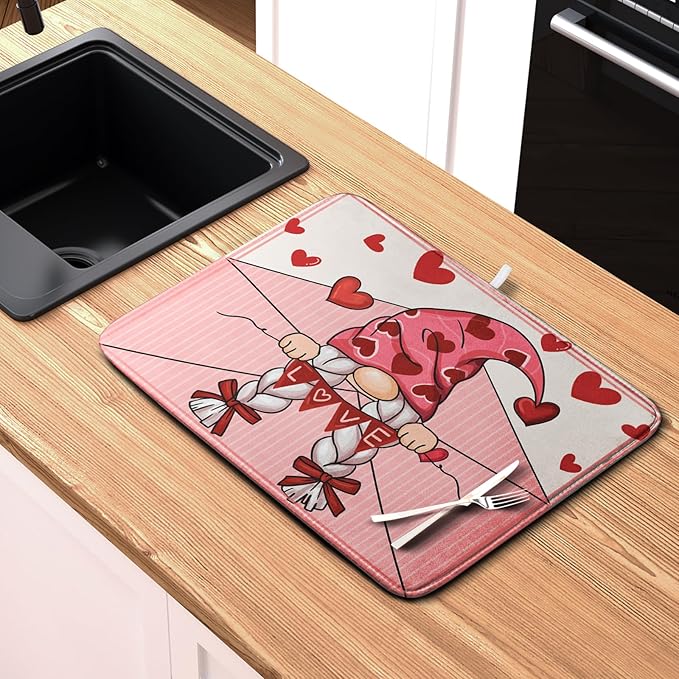 Valentine's Day Love Letter Dish Drying Mat for Kitchen Counter, Love Letter Gnome Absorbent Dish Pad Large Dish Drainer Mats for Countertop 16x18 Inch