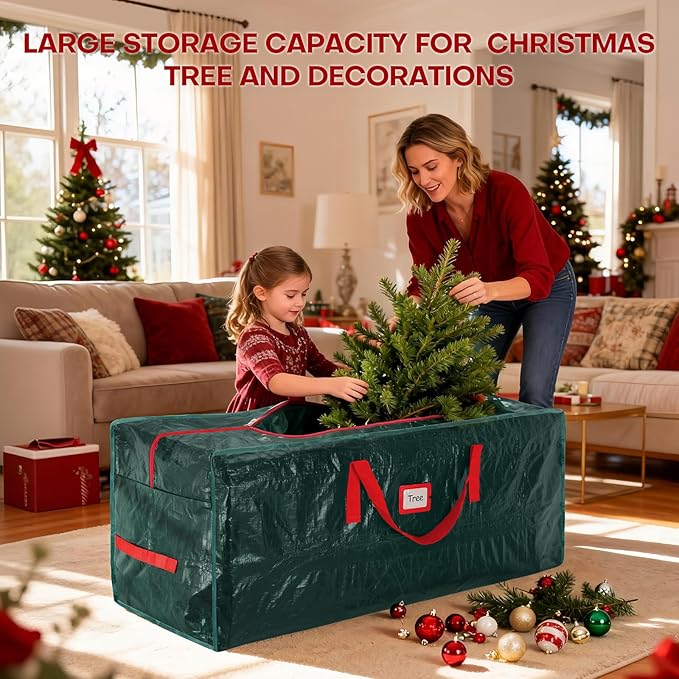 Christmas Tree Storage Bag, For 9ft Disassembled Xmas Tree, Heavy Duty Christmas Tree Storage Bag with Sturdy Handles, Tag Card Slot, Zipper, Dust-Resistant and Water-Resistant（Green）