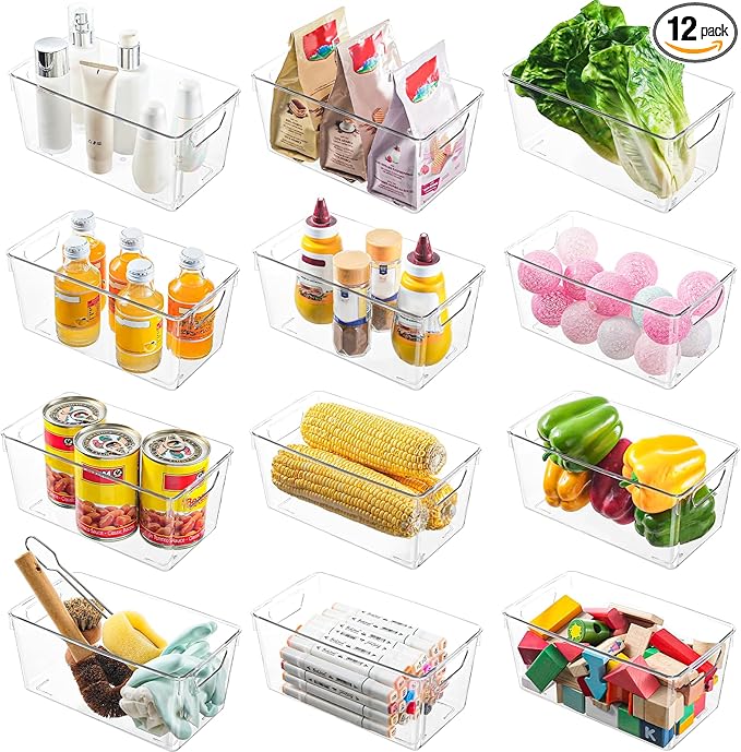 Homaigie 12 Pack Clear Plastic Storage Bins, Multi-Use Pantry Organizer and Storage Containers, Fridge Organizer Bins with Handles for Kitchen, Cabinet, Snack and Refrigerator Organization
