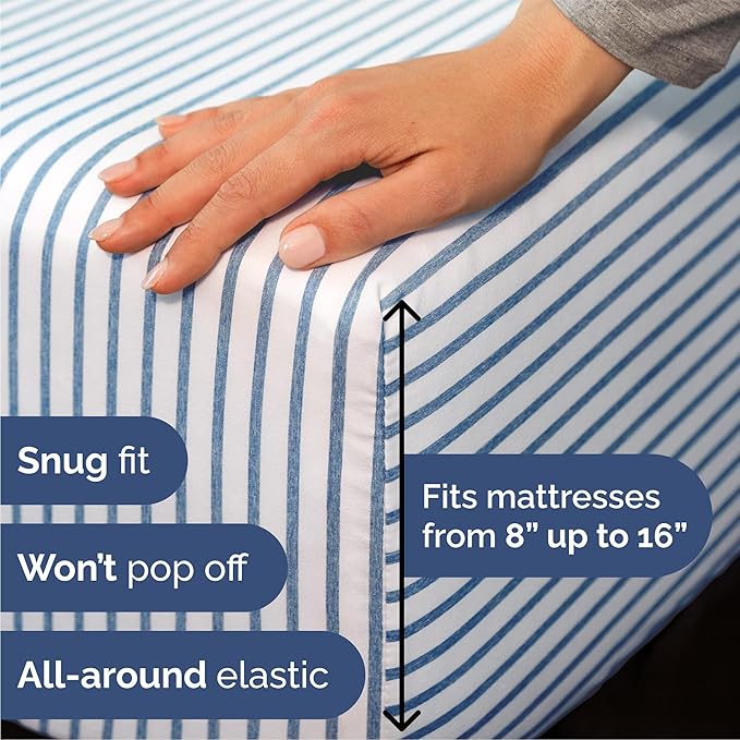 Queen 6 Piece Sheet Set - Comfy Breathable & Cooling - Soft Hotel Luxury Bedding Set with 8-16 Inch Deep Pockets - 1 Flat & 1 Fitted Sheet & 4 Pillowcases - Wrinkle Free & Easy Care - Blue Stripes 2