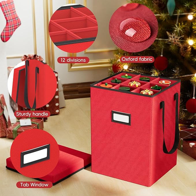 Christmas Nutcracker and Figurine Collectible Storage Box - Stores Up to 9-16" Tall Nutcrackers, Ornaments, and More - Holiday Decor Organizer with Adjustable Dividers - Nutcracker not Included (Red)