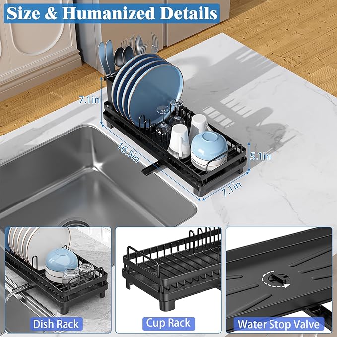 CHLORYARD Small Dish Drying Rack, Compact Sink Dish Drainer Plate Rack Organizer with Utensil Holder and Drainbaord for Kitchen Counter, RVs, Apartments