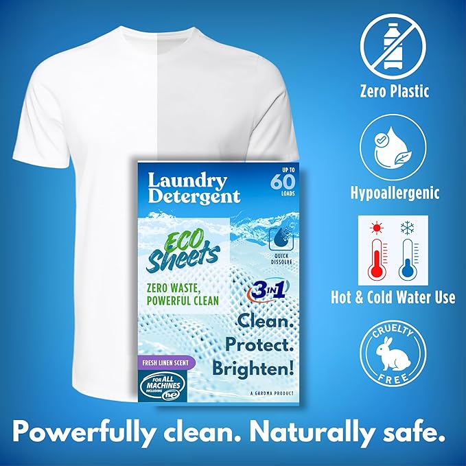 Laundry Detergent Sheets Fresh Linen Scent - 60 Loads Eco Liquidless Soap - Travel-Friendly for Hot & Cold Cycles, Tackles Tough Stains & Odors - Gentle on Skin, 30 Sheets