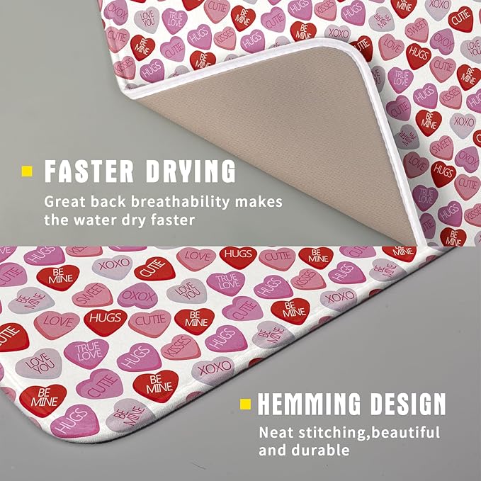 Valentine’s Day Dish Drying Mat for Kitchen Counter 18x16 Inch Pink Love Drying Mat with Absorbent Reversible Microfiber Holiday Dish Drainer Mats Rack Pad for Coffee Countertop Protector