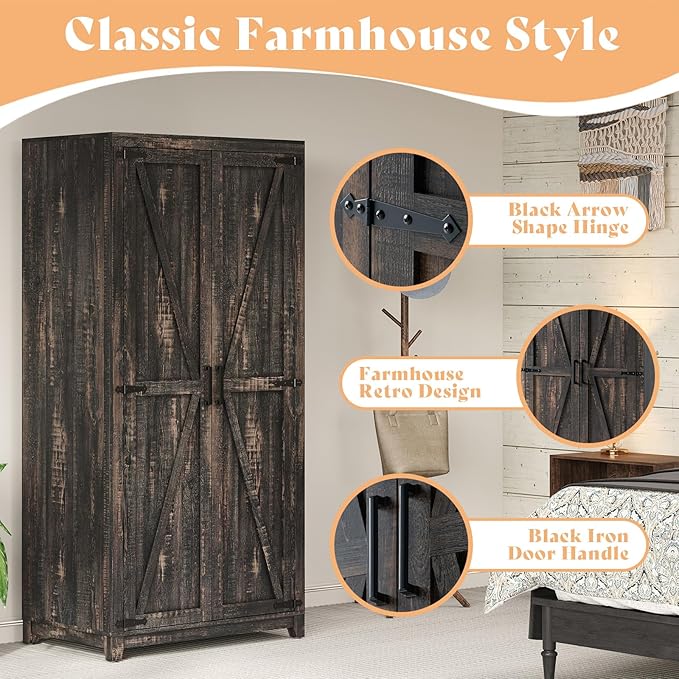 AMERLIFE Set of 2 Farmhouse Armoire Wardrobe Closet with 2 Barn Doors, 71'' Storage Cabinet with Shelf & Hanging Rod, Versatile Clothing Storage for Bedroom, Black Oak