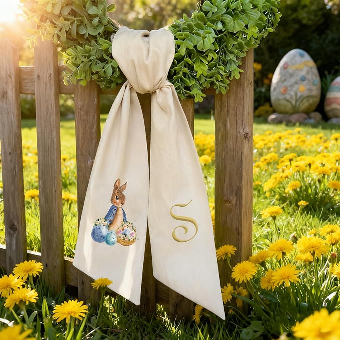 Rabbit Easter Wreath Bow Custom Embroidered Monogram Spring Bunny Wreath Sash for Front Door Hand Tailored Easter Decorations Spring Bows for Wreaths (U)