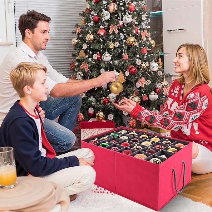 Christmas Ornament Storage Box，Stackable 3 Drawer Organizers，Max 72 3" Christmas bauble, Adjustable Christmas Ball Storage Container Bins, Red