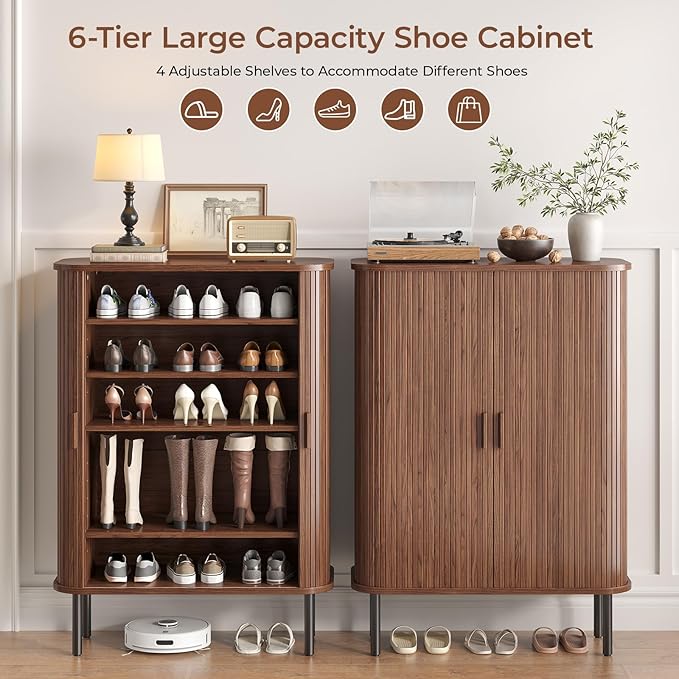 Shoe Storage Cabinet with Adjustable Shelves, 6-Tier Mid-Century Modern Shoe Organizer with Sliding Door, Shoe Storage Organizer for Entryway Hallway Living Room, Walnut
