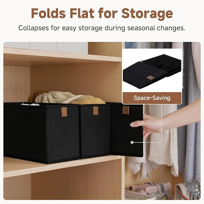 StorageWorks Narrow Storage Basket, Narrow Baskets for Shelves, Fabric Storage Bins with PU Handle, Perfect for Clothes, Underwear, Books, Socks, Black, 4-Pack