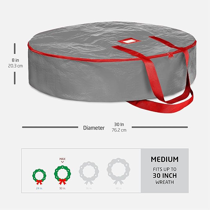 ZOBER Christmas Wreath Storage Container 30 Inch - Wreath Bag for Artificial Wreaths Box - Dual Zippered Wreaths Storage Bag with Strong Durable Handles - Gray