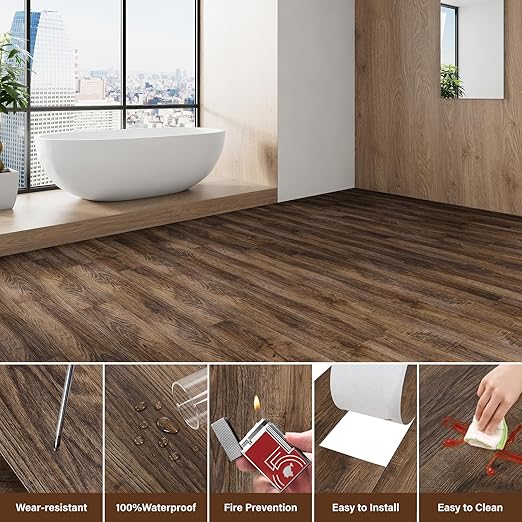 Peel and Stick Floor Tile, INMOZATA 36-Pack 54 Sq.Ft Self Adhesive Vinyl Plank Flooring Wood Grain Look 36x6 Inch Waterproof Tile Sticker for Bedroom, Living Room, Kitchen, RV (Smoked Brown)