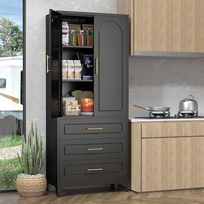 Pantry Kitchen Cabinet with Drawer, 75" Tall Pantry Storage Cabinet, Metal Storage Cabinets with Doors and Shelves, Large Freestanding Cupboard for Dining Room, Assembly Required, Black