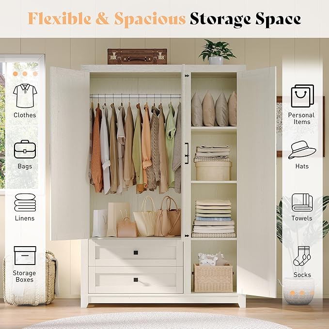 AMERLIFE Farmhouse 3 Door Wardrobe Closet with 2 Drawers & Hanging Rod, 47" Large Armoire Storage Cabinet with Adjustable Shelves, Freestanding Clothing Organizer for Bedroom, White