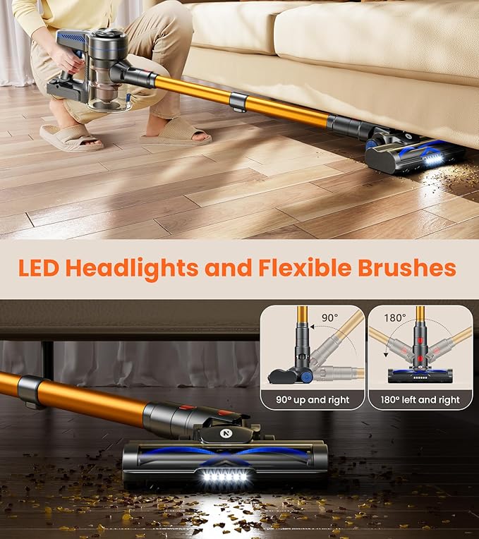 NADALY Cordless Vacuum Cleaner, 500W 40KPA Stick Vacuum with 45min Runtime, Anti-Tangle Self-Standing Vacuum Cleaners for Home, Lightweight Vacuum for Hardwood Floor/Carpet/Pet Hair, Bronzed Gold