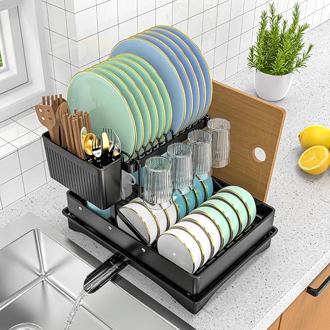 ULAIHOMN Large Dish Drying Rack,Dish Rack 2 Tier,Dish drainers for Kitchen Counter with Cup Chopping Board Cutlery Holder,Anti-Rust Collapsible 16.5" L x 11.8" W Black