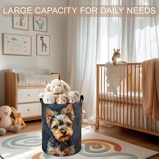 Yorkshire Terrier Laundry Basket Hamper 19.7"x15.8", Cute Dog Foldable Waterproof Oxford Clothes Storage Bucket for Room Bathroom Bedroom Nursery Decor, Toy Organizer Bins Gifts for Kids Boys Girls