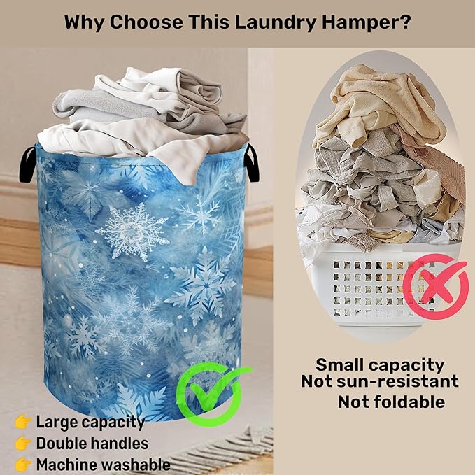 Winter Laundry Basket, Snowflakes Laundry Hamper, Heavy Duty 60L Dirty Clothes Organizer, Water Resistant Foldable Hamper for Men Women