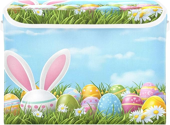 Bolaz Easter Bunny Ear Egg Storage Bins with Lids and Handles, Storage Box Basket with Cover Collapsible Organizer Containers for Home Closet, Shelves