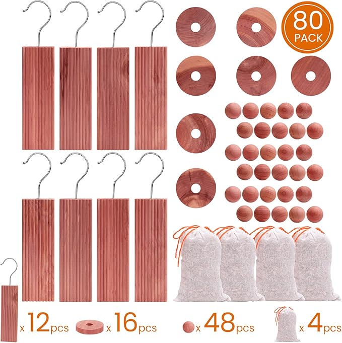 Homode Cedar Blocks for Clothes Storage, Cedar Chips for Closets and Drawers, Aromatic Cedar Wood Balls and Cedar Sachets, Cedar Closet Freshener, 80 Pack
