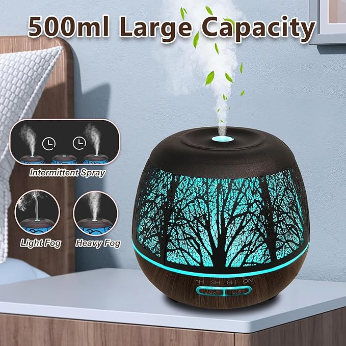 Essential Oil Diffuser for Home,500ML Aromatherapy Diffusers for Essential Oils Large Room with Cool Mist Humidifiers for Bedroom,7 Colors Changed & 3 Mist Mode Automatic Shut-Off,Tree