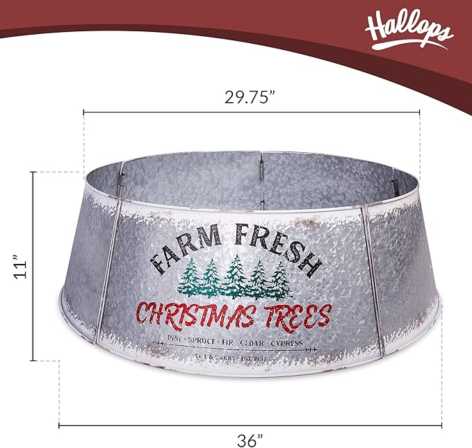 Hallops Galvanized Christmas Tree Collar - Oversized, Adjustable Metal Collar Ring for Large to XL Christmas Trees - Rustic Stand Up Tree Skirt with Distressed White Finish for Indoor Holiday Decor