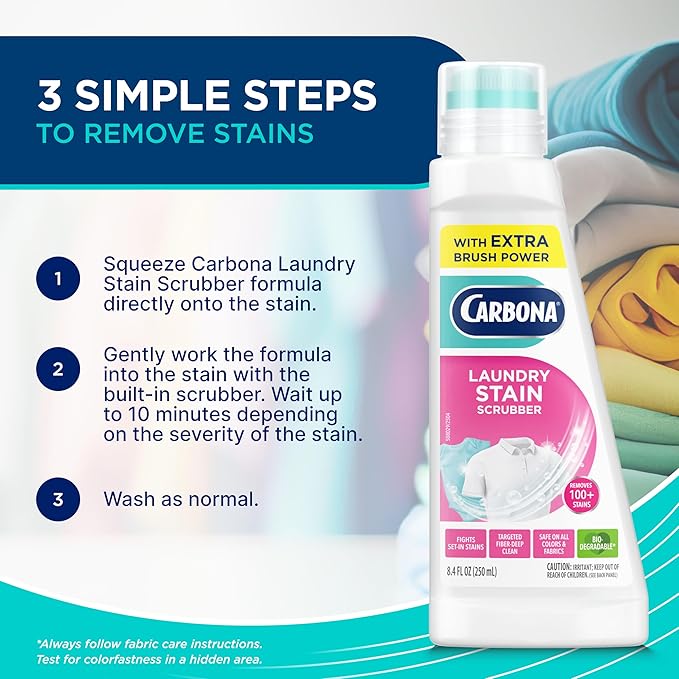 Carbona Laundry Stain Scrubber | Bio-Enzyme Stain Remover | Eliminates Fat, Oil, Blood, Milk, Fruit, Ketchup, Vegetables & Baby Food Stains | Save On Skin & Washable Fabrics | 1 Pack, 8.4 Fl Oz