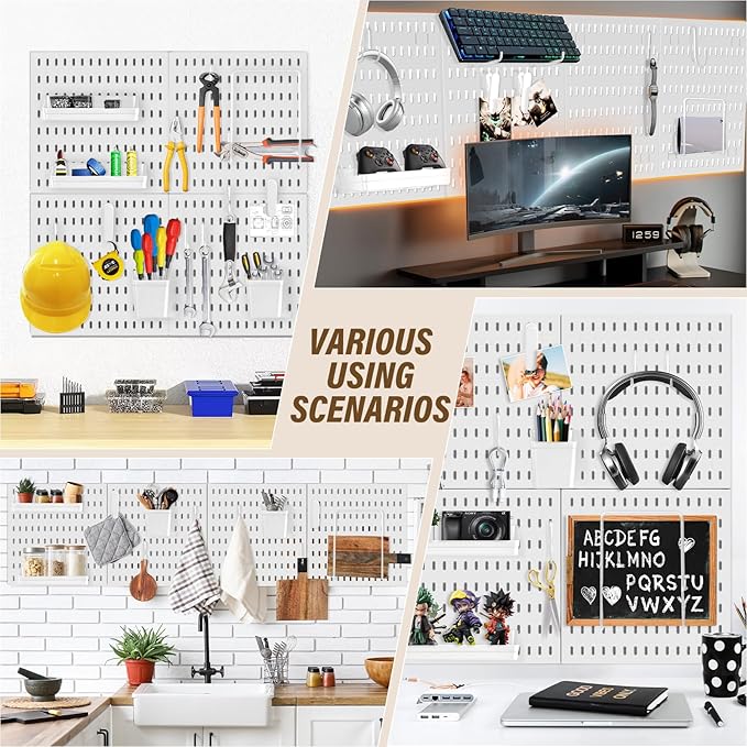 AKTOP Peg Board Wall Organizer 4-Pack – 12"x12" Plastic Pegboard Panels for Walls, White Desk Wall Mount Peg Board for Home, Office, Garage Tool Storage & Craft Room