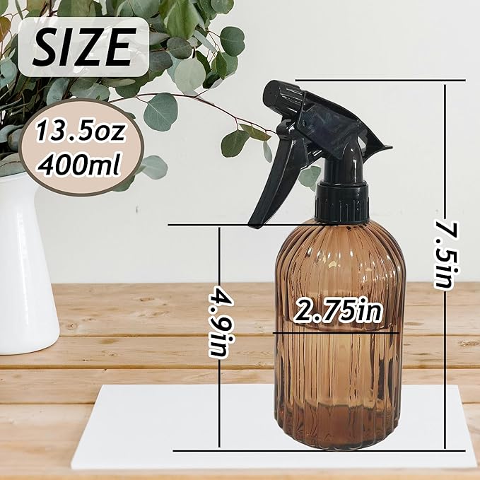 Glass Plant Spray Bottle, 13.5oz Refillable Plant Mister Bottle, 2 pcs Handheld Water Spray Bottle with Adjustable Mist Nozzle for Outdoor Gardening, Indoor Flowers, Cleaning, Hair & Pets Care (Brown)