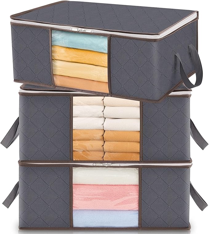 Lifewit 3 Pack Clothes Storage Bag, Foldable Storage Bin Closet Organizer with Reinforced Handle, Sturdy Fabric Blanket Storage with Clear Window, Storage Containers for Clothing, Bedding, Gray