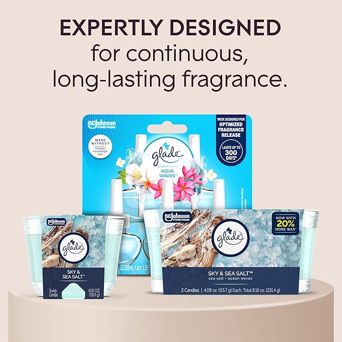 Glade 3-Wick Candle, Sky & Sea Salt Fragrance with Essential Oils, Air Freshener, 6.8 Oz, 3 Count