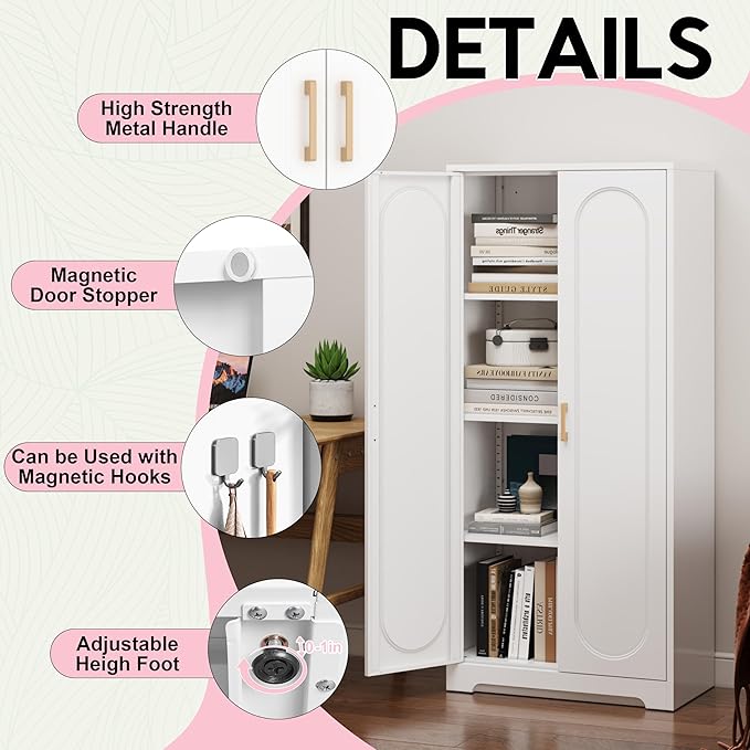 60" Kitchen Pantry Cabinet, Metal Storage Cabinet with Doors and Adjustable Shelves, Tall Steel Cabinets for Kitchen, Living Room, Dining Room, Assembly Required, White