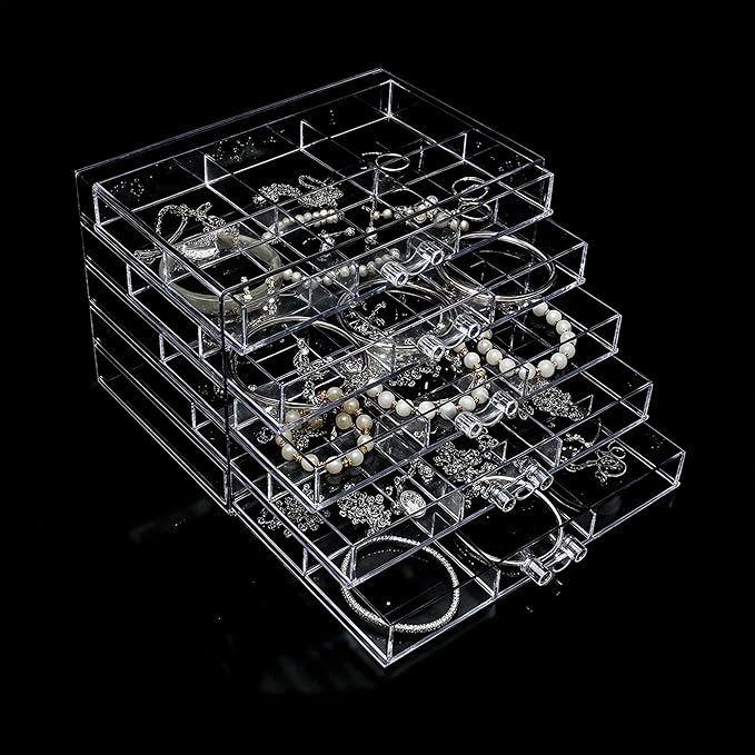 Clear Acrylic Jewelry Storage Box, Earring Jewelry Organizer with 5 Drawers, 5-Layer Jewelry Box for Women, Earrings Display Holder for Ring Bracelet Necklace, 30 Grids Compartment Storage Box
