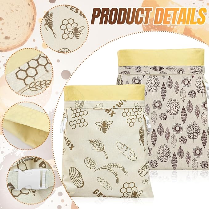 2 Pack Reusable Beeswax Storage Bags – Sourdough Bread Bags for Homemade Organic Cotton Waxed Food Bags for Freezer & Refrigerator Safe, Eco-Friendly Reusable Wraps to Keep Baked Goods Fresh Longer